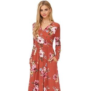 Rust flower maxi long sleeve dress